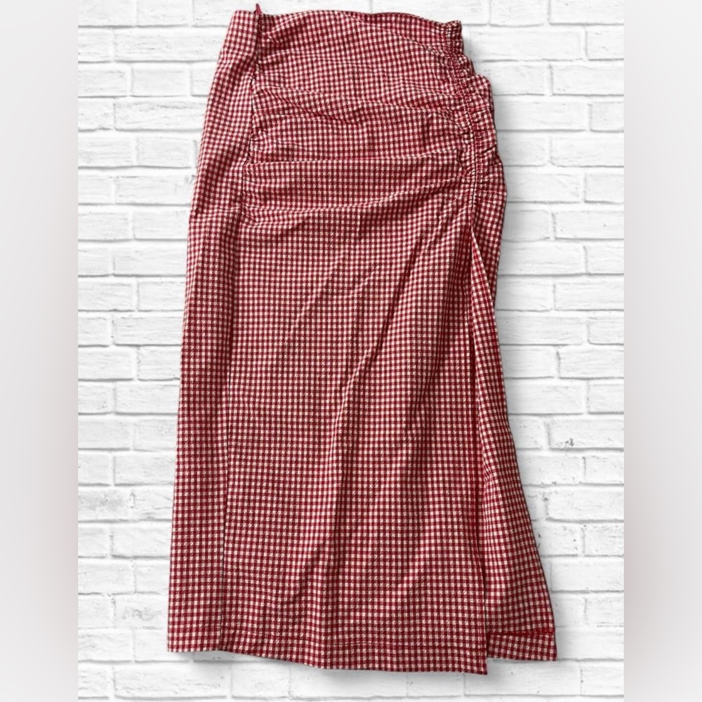 Zara Red & White Gingham Ruched Side-Slit Midi Skirt - Picture 5 of 7